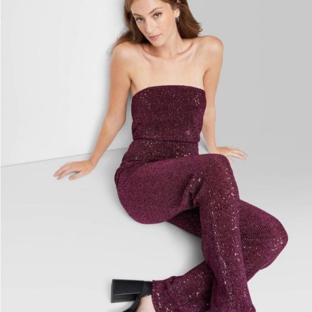Wild Fable Strapless Sequin Jumpsuit in Burgundy